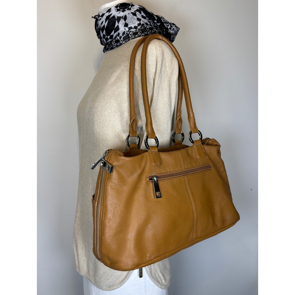 Danier Tan Brown Genuine Leather Shoulder Bag Tote Multi Pocket Satchel